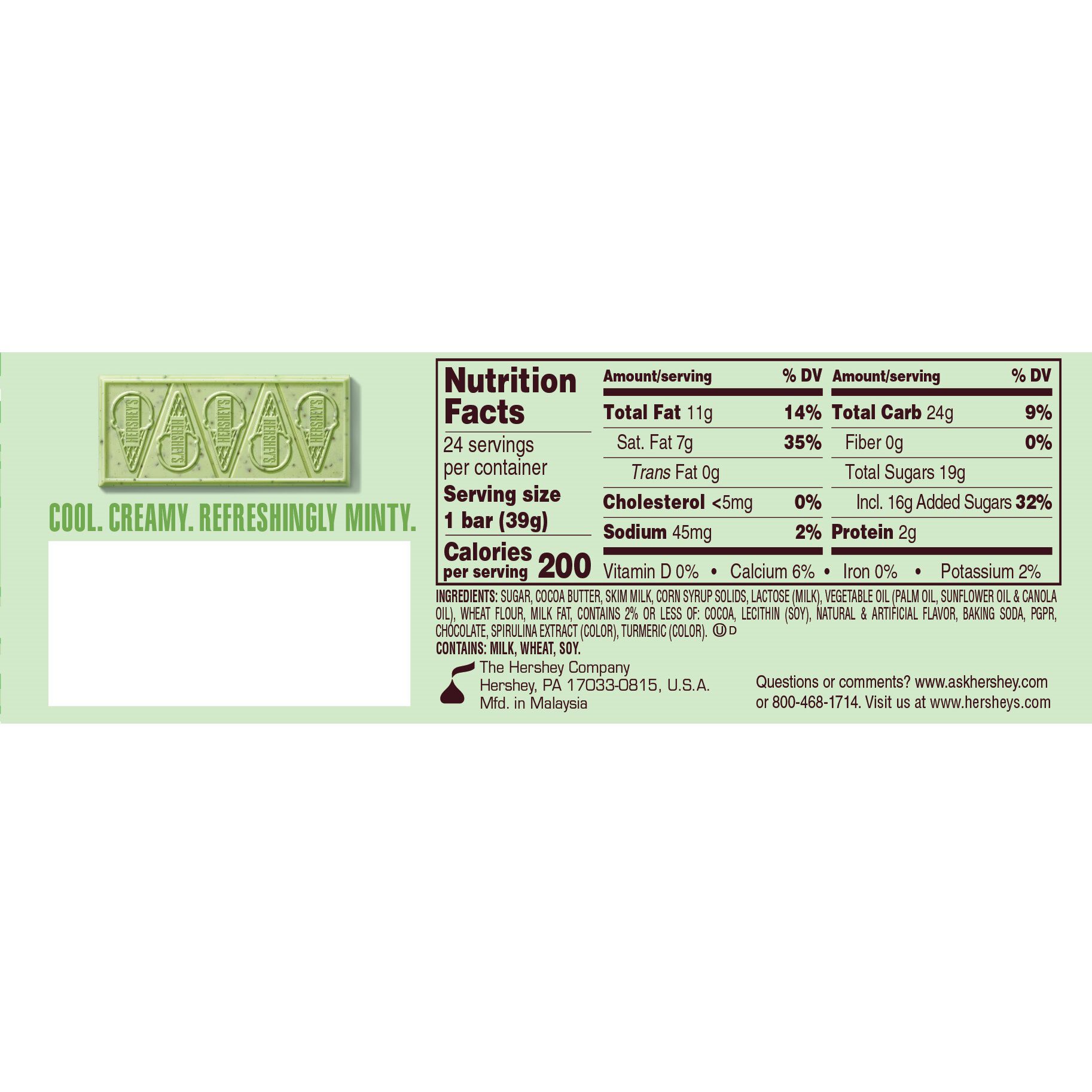 HERSHEY’S Cookies ‘N’ Mint Ice Cream Flavored Standard Size Candy Bar, 1.38oz (24 Count) - THE HERSHEY COMPANY